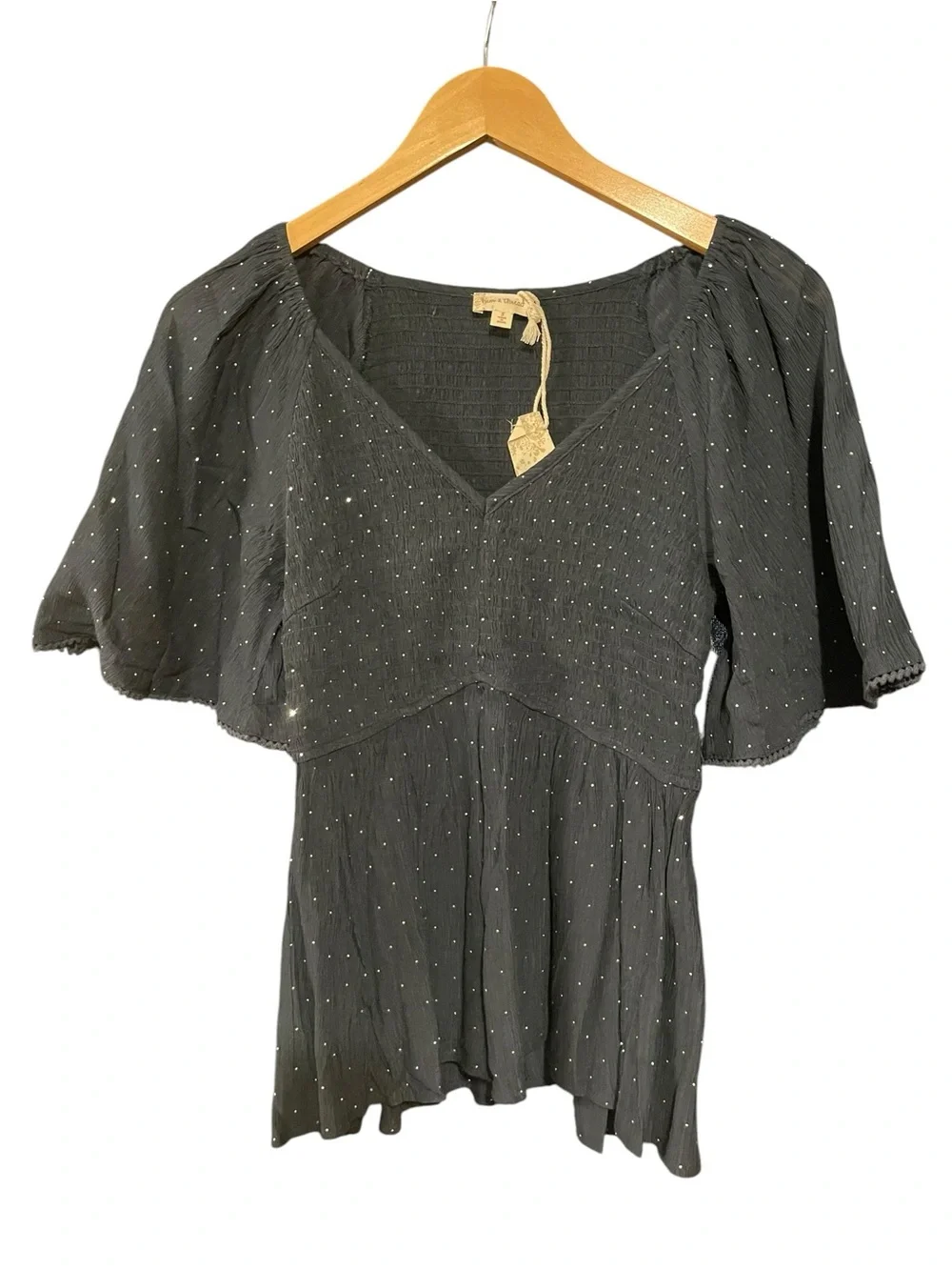 Hem & Thread Navy Dot V-Neck Flutter Peplum Blouse